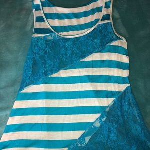 Blue and white striped lace tank top